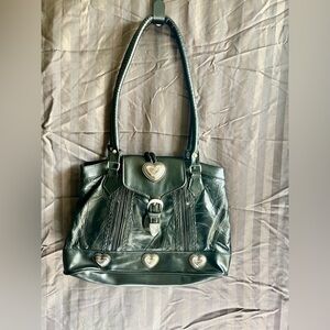 Vintage Genuine Leather Embossed Purse Black Western Style with Silver Hearts